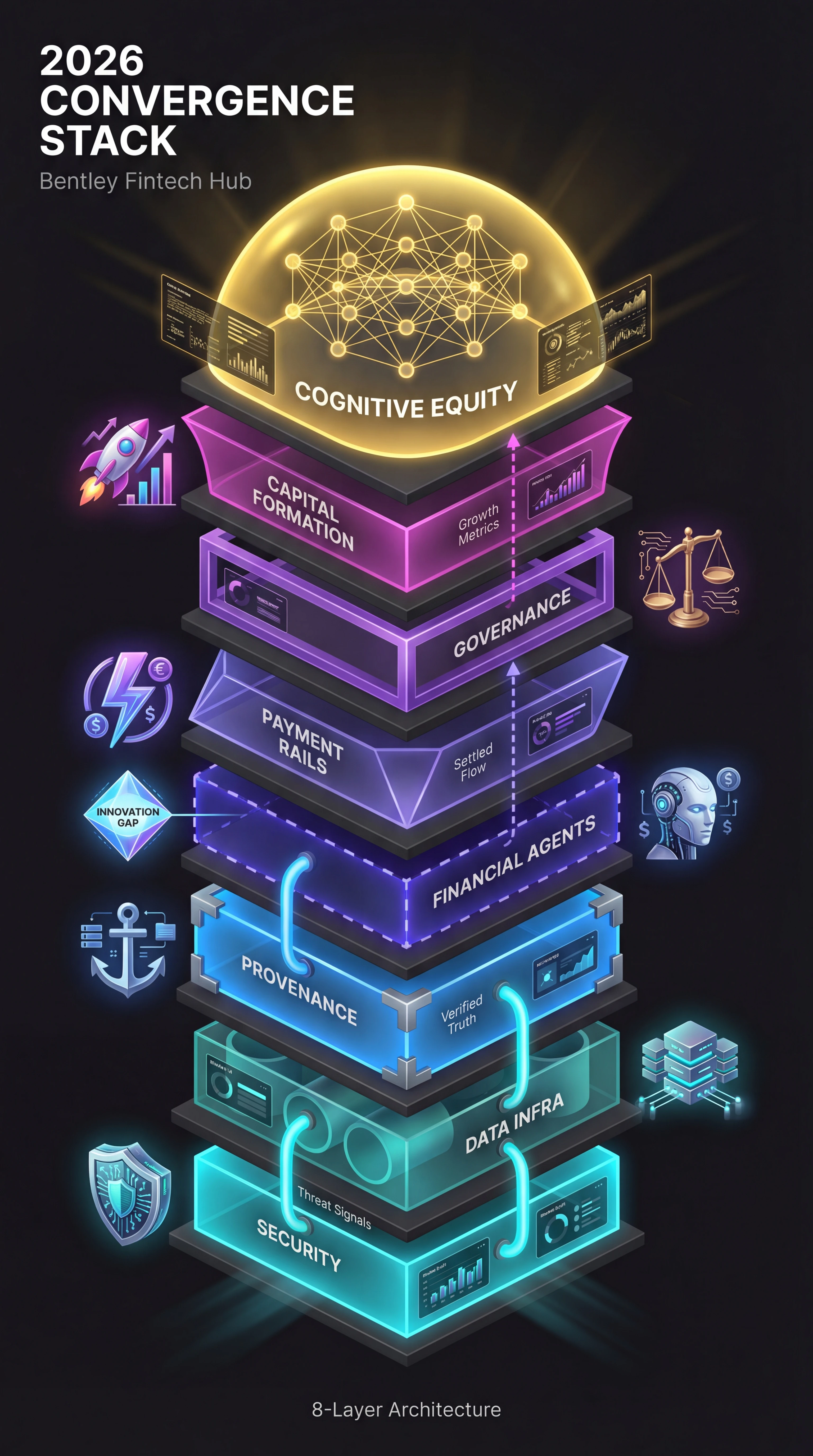 8-layer convergence stack: Security → Data Infrastructure → Provenance → Agents → Payments → Governance → Capital Markets → Cognitive Equity